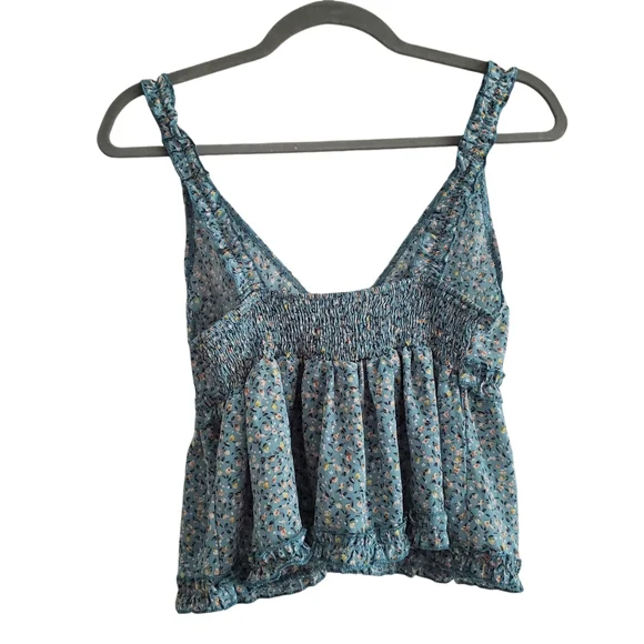 SHEIN Blue Floral Ruffle Babydoll Cropped Tank Top - Picture 2 of 7